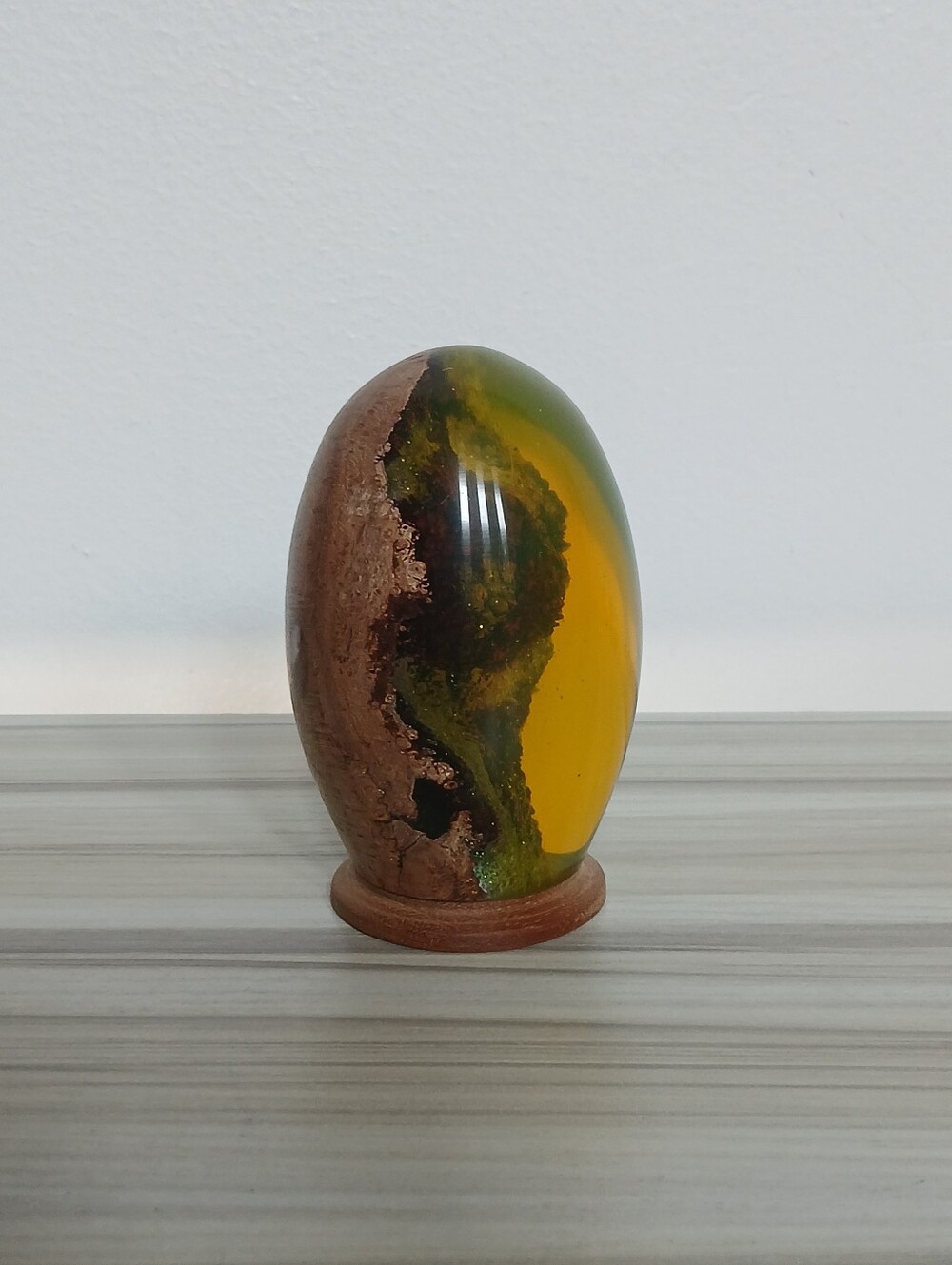 Vintage Handcrafted Burl Wood Resin Egg Sculpture on Built-in Stand Decor Signed
